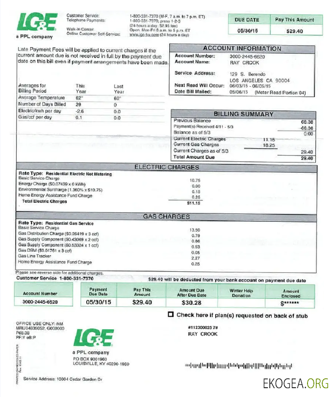 USA LG&E utility bill Word and PDF template
